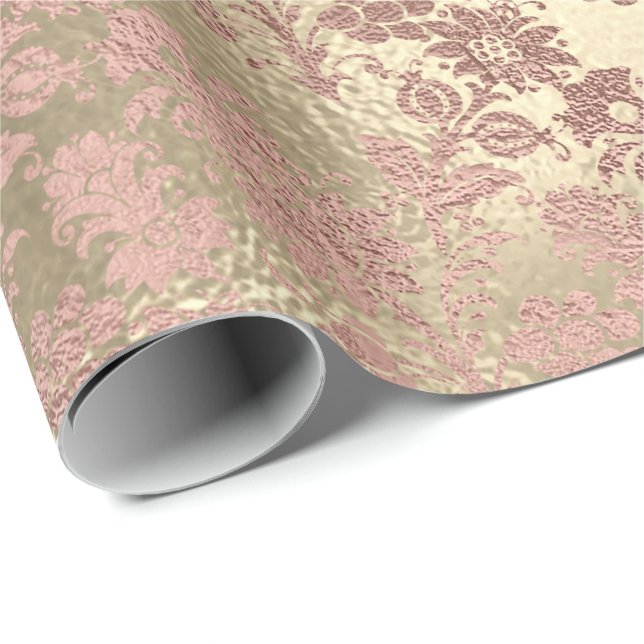Pink Rose Gold Powder Faux Blush Floral Damask Wrapping Paper (Roll Corner)