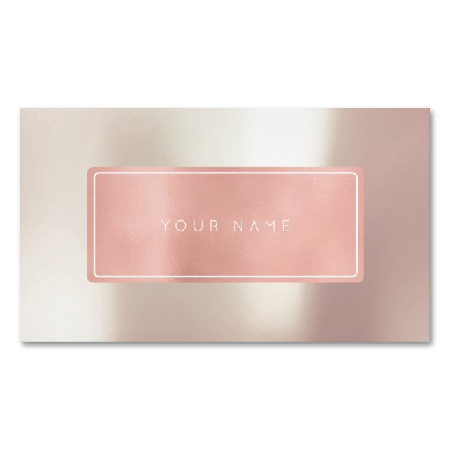 Pink Rose Gold Powder Metallic Rectangular Logo Magnetic Business Card (Front)