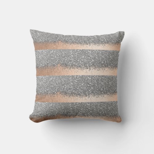 Pink Rose Gold Powder Silver Glitter Stripes Throw Pillow