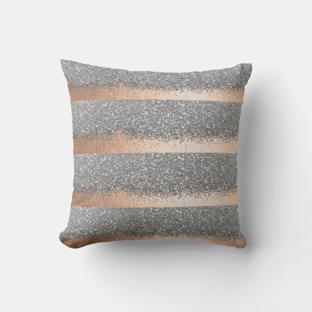Pink Rose Gold Powder Silver Glitter Stripes Throw Pillow (Front)