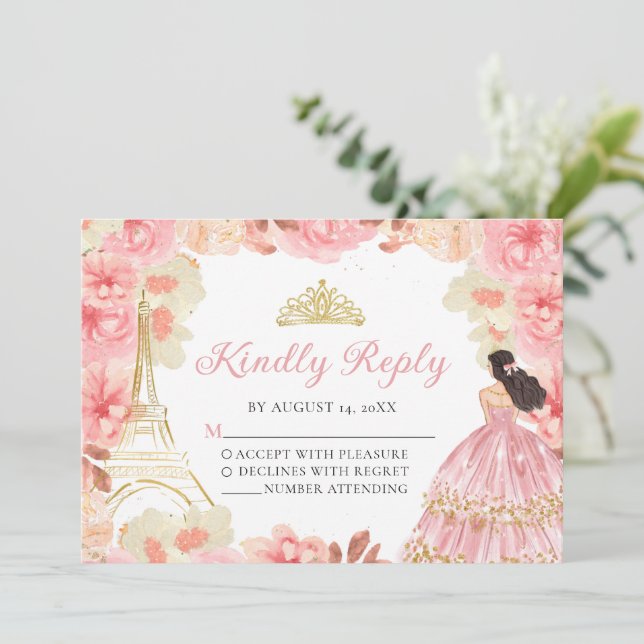 Pink Rose Gold Princess Quinceañera RSVP Card (Standing Front)