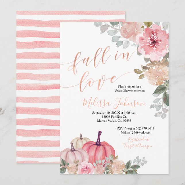 Pink Rose Gold Pumpkin Fall in Love invitation (Front/Back)