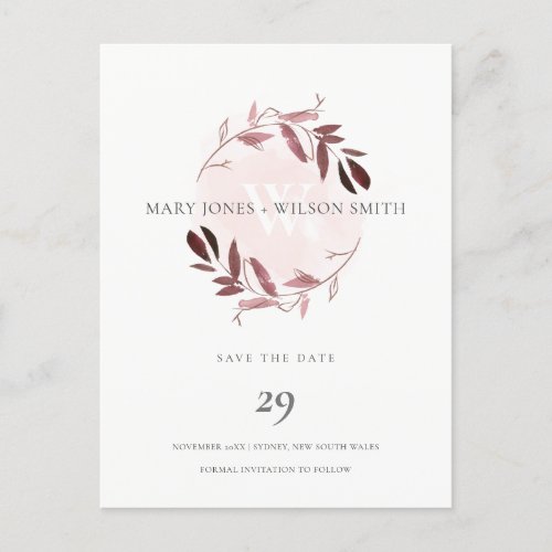 PINK ROSE GOLD PURPLE FOLIAGE WREATH SAVE THE DATE ANNOUNCEMENT POSTCARD