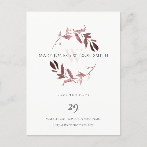 PINK ROSE GOLD PURPLE FOLIAGE WREATH SAVE THE DATE ANNOUNCEMENT POSTCARD