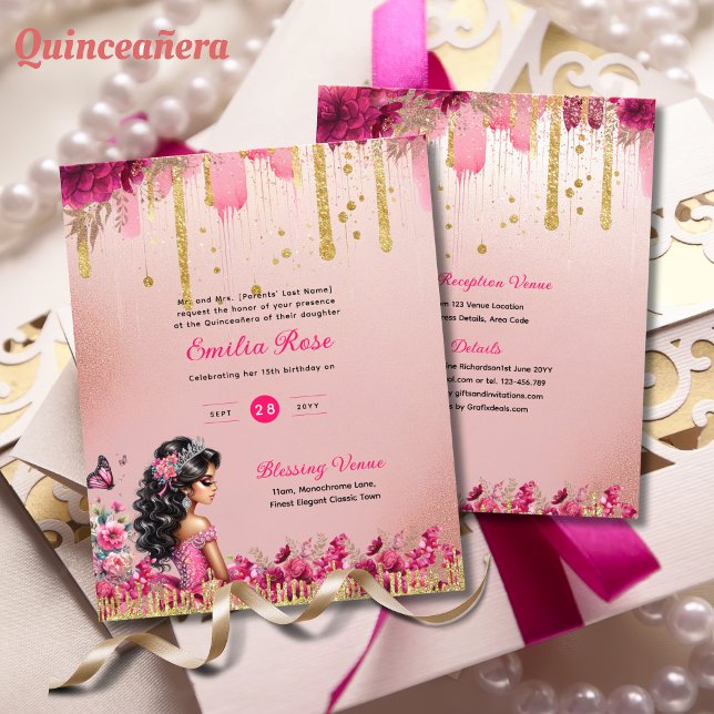 PINK Rose Gold Quinceanera Dress Floral Roses (Creator Uploaded)