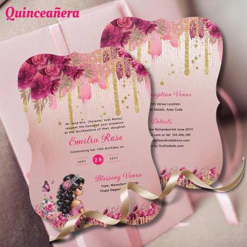 PINK Rose Gold Quinceanera Dress Floral Roses Invitation