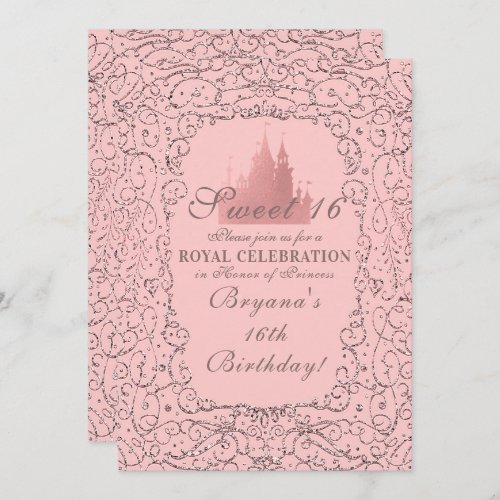 Pink Rose Gold Royal Castle Princess Sweet 16 Invitation