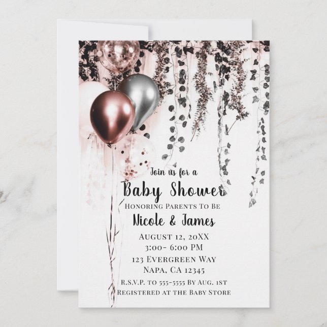 Pink Rose Gold Silver Balloons & Ivy Baby Shower Invitation (Front)