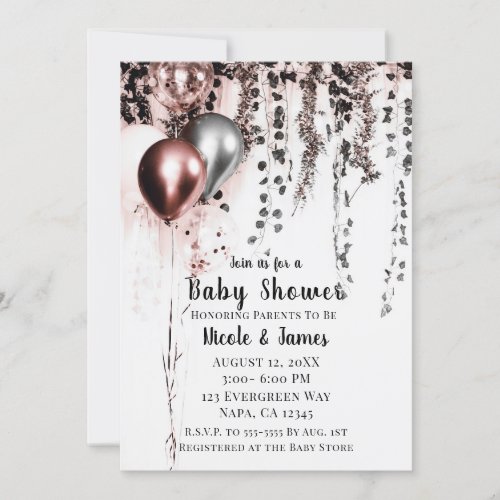 Pink Rose Gold Silver Balloons  Ivy Baby Shower Invitation