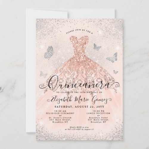 Pink Rose Gold Silver Glitter Gown Quinceanera Invitation