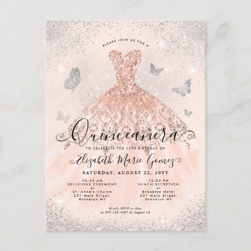 Pink Rose Gold Silver Glitter Gown Quinceanera Postcard