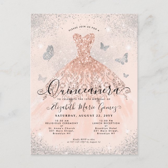 Pink Rose Gold Silver Glitter Gown Quinceanera Postcard (Front)