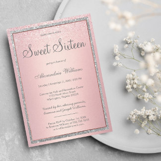 Pink rose gold silver glitter gradient Sweet 16 Invitation