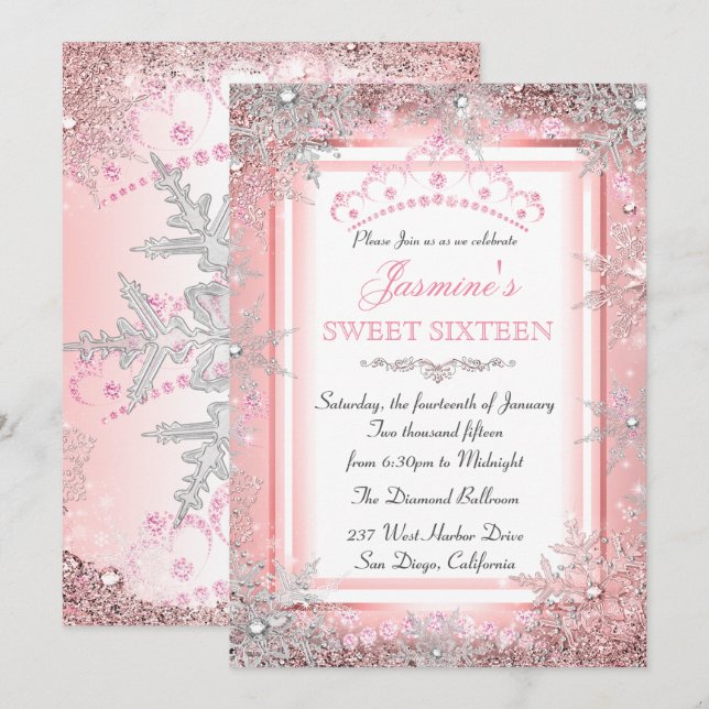 Pink Rose Gold Silver Winter Wonderland Sweet 16 Invitation (Front/Back)