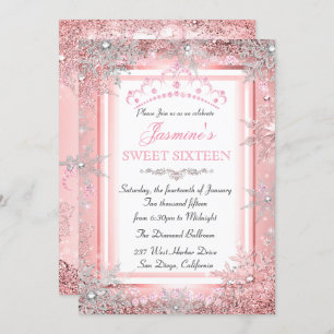 Pink Rose Gold Silver Winter Wonderland Sweet 16 Invitation