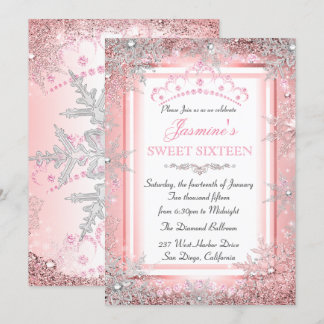 Pink Rose Gold Silver Winter Wonderland Sweet 16 Invitation