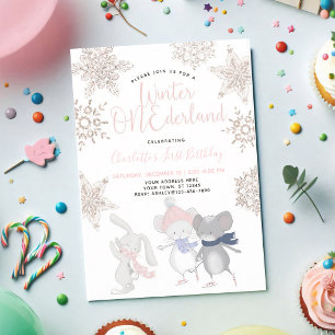 Pink Rose Gold Snowflake First Birthday Invitation