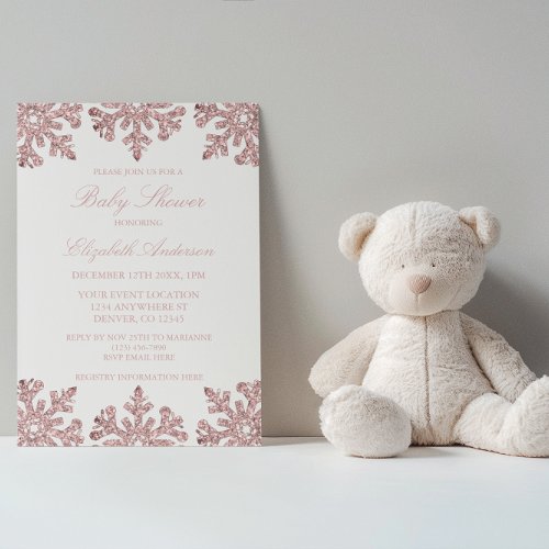 Pink Rose Gold Snowflake Winter Baby Shower Invitation