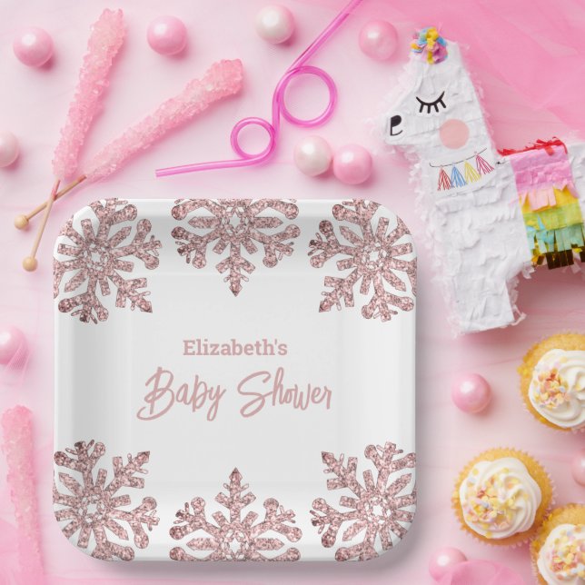 Pink Rose Gold Snowflake Winter Baby Shower Paper Plates (Party)