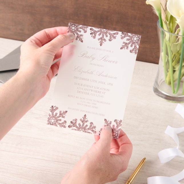 Pink Rose Gold Snowflake Winter Baby Shower Vellum Invitations (Handheld)