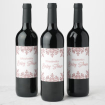 Pink Rose Gold Snowflake Winter Baby Shower Wine Label