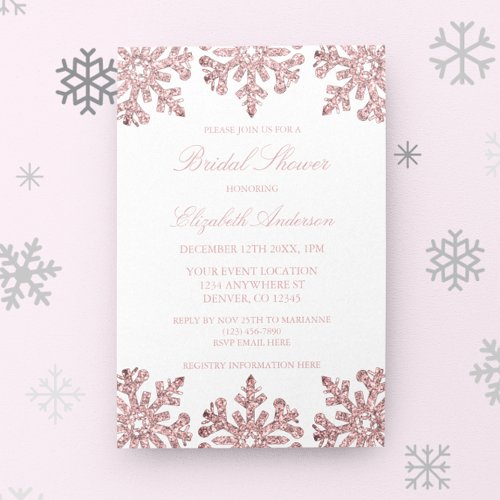 Pink Rose Gold Snowflake Winter Bridal Shower Invitation