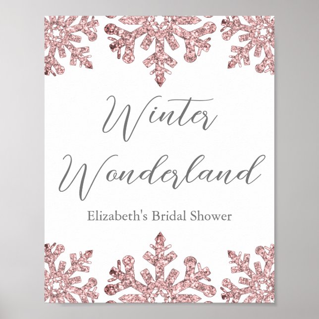Pink Rose Gold Snowflake Winter Bridal Shower Poster (Front)