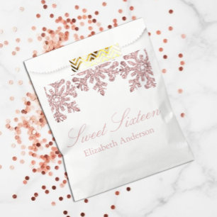 Pink Rose Gold Snowflake Winter Sweet 16 Favor Bag