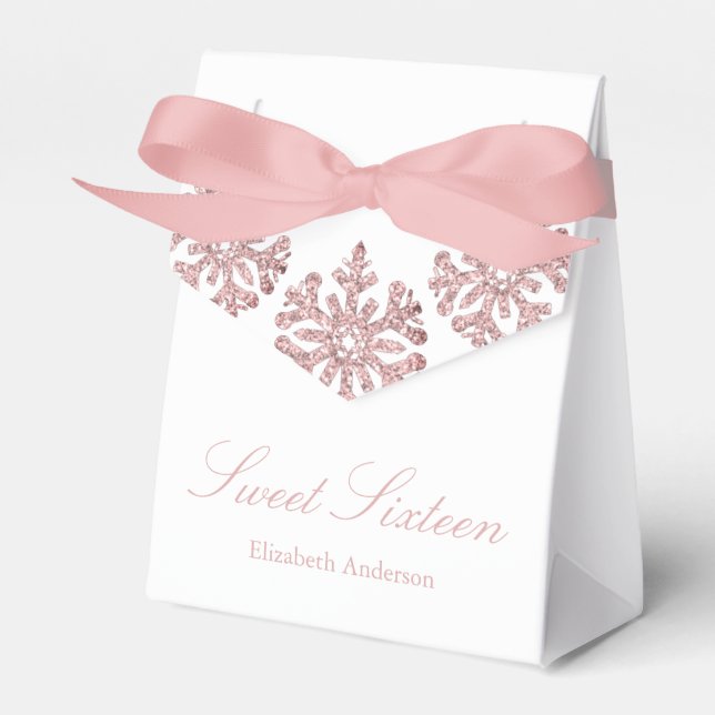 Pink Rose Gold Snowflake Winter Sweet 16 Favor Boxes (Front Side)