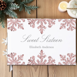 Pink Rose Gold Snowflake Winter Sweet 16 Guest Book
