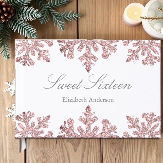 Pink Rose Gold Snowflake Winter Sweet 16 Guest Book (Creator Uploaded)