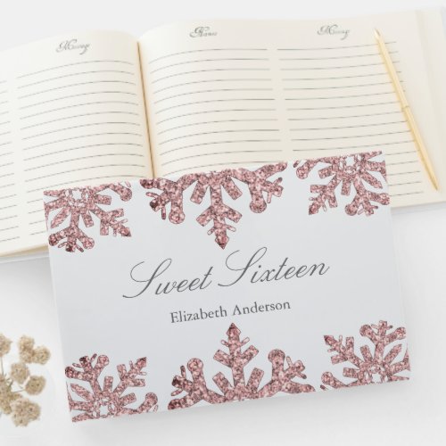 Pink Rose Gold Snowflake Winter Sweet 16 Guest Book