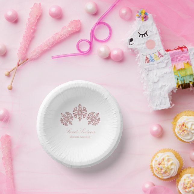 Pink Rose Gold Snowflake Winter Sweet 16 Paper Bowls (Party)