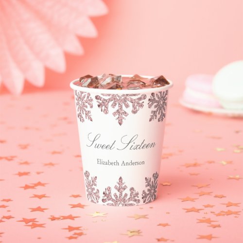 Pink Rose Gold Snowflake Winter Sweet 16 Paper Cups