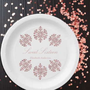 Pink Rose Gold Snowflake Winter Sweet 16 Paper Plates