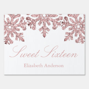 Pink Rose Gold Snowflake Winter Sweet 16 Sign