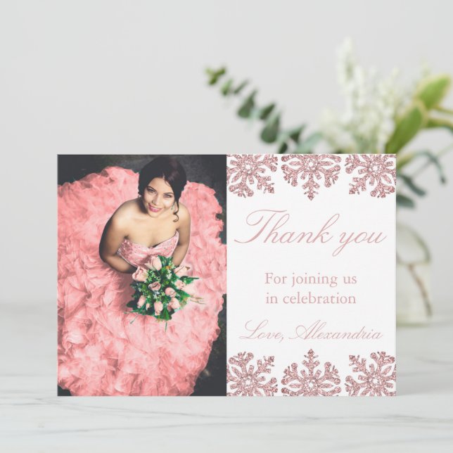 Pink Rose Gold Snowflake Winter Sweet 16 Thank You Card (Standing Front)