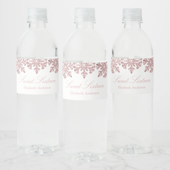 Pink Rose Gold Snowflake Winter Sweet 16 Water Bottle Label (Bottles)