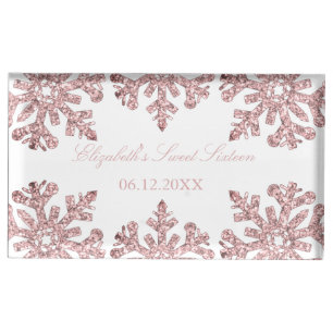 Pink Rose Gold Snowflake Winter Sweet Sixteen Place Card Holder