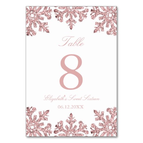Pink Rose Gold Snowflake Winter Sweet Sixteen Table Number