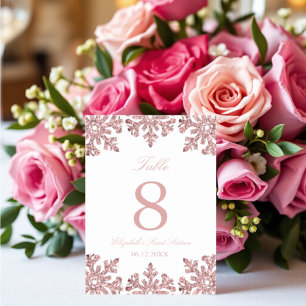 Pink Rose Gold Snowflake Winter Sweet Sixteen Table Number