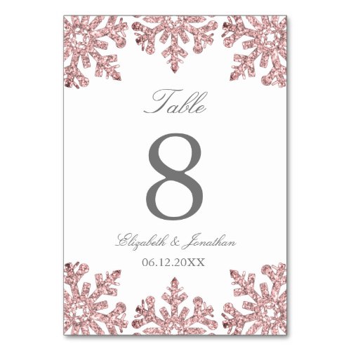 Pink Rose Gold Snowflake Winter Wedding Table Number