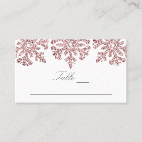 Pink Rose Gold Snowflakes Winter Wedding Place Card