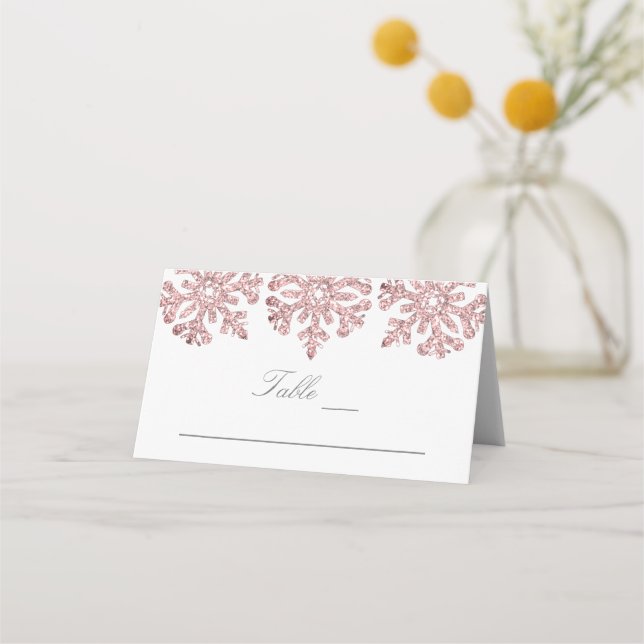 Pink Rose Gold Snowflakes Winter Wedding Place Card (Front)