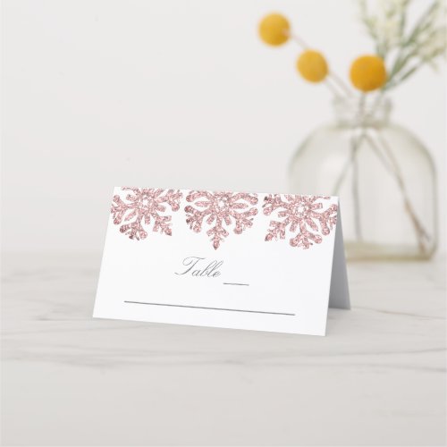 Pink Rose Gold Snowflakes Winter Wedding Place Card