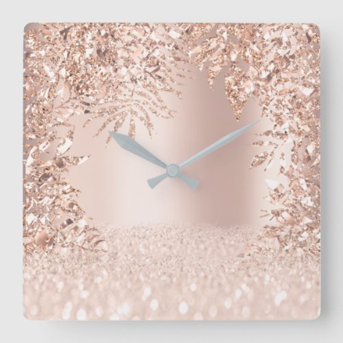 Pink Rose Gold Spark Floral Glitter Blush Girly Square Wall Clock