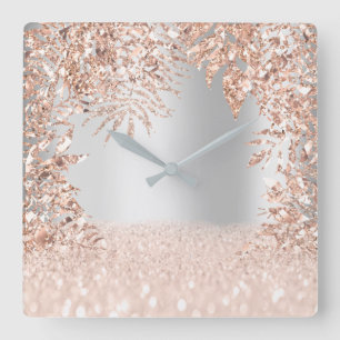 Pink Rose Gold Spark Floral Glitter Blush Gray Square Wall Clock
