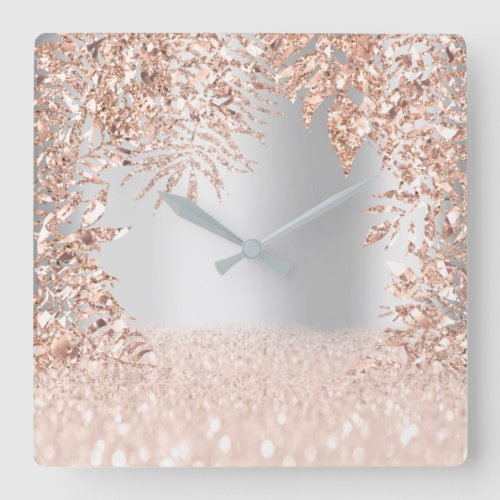 Pink Rose Gold Spark Floral Glitter Blush Gray Square Wall Clock