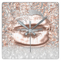 Pink Rose Gold Spark Floral Glitter Lips Gray Square Wall Clock Pink Rose Gold Spark Floral Glitter Lips Gray Square Wall Clock
