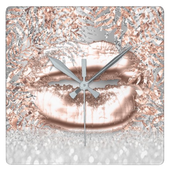 Pink Rose Gold Spark Floral Glitter Lips Gray Square Wall Clock